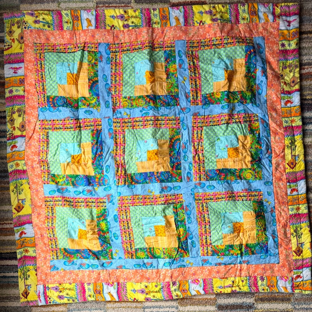 Handmade Patchwork Baby Quilt in Yellow, Blue, Orange and Greens